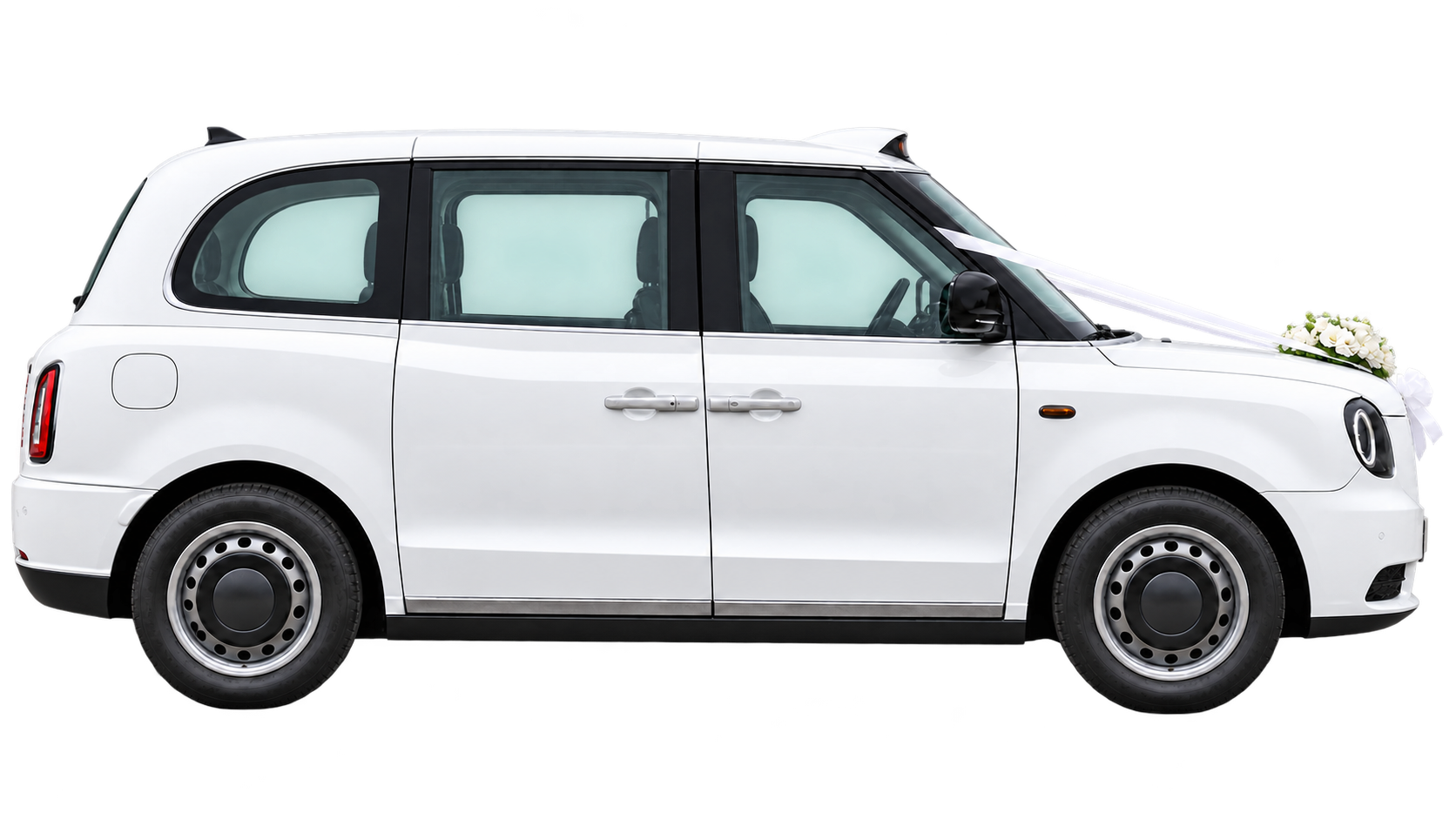 Side view of a white LEVC Glasgow wedding taxi dressed with white ribbon, flowers and bows